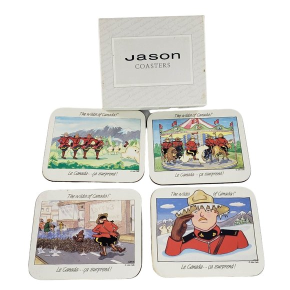 Jason Coasters Wilds Of Canada Mounties John Cadiz Set of 4 Cork Cartoon - Picture 1 of 5